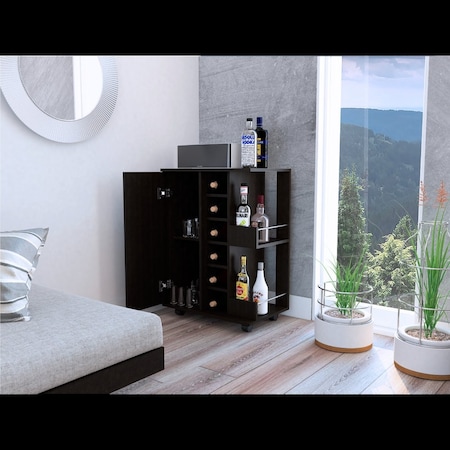 Tuhome Bar Cart, Two External Shelves, Four Casters, Six Built-in Wine Rack, Single Door Cabinet, Black MLW5542